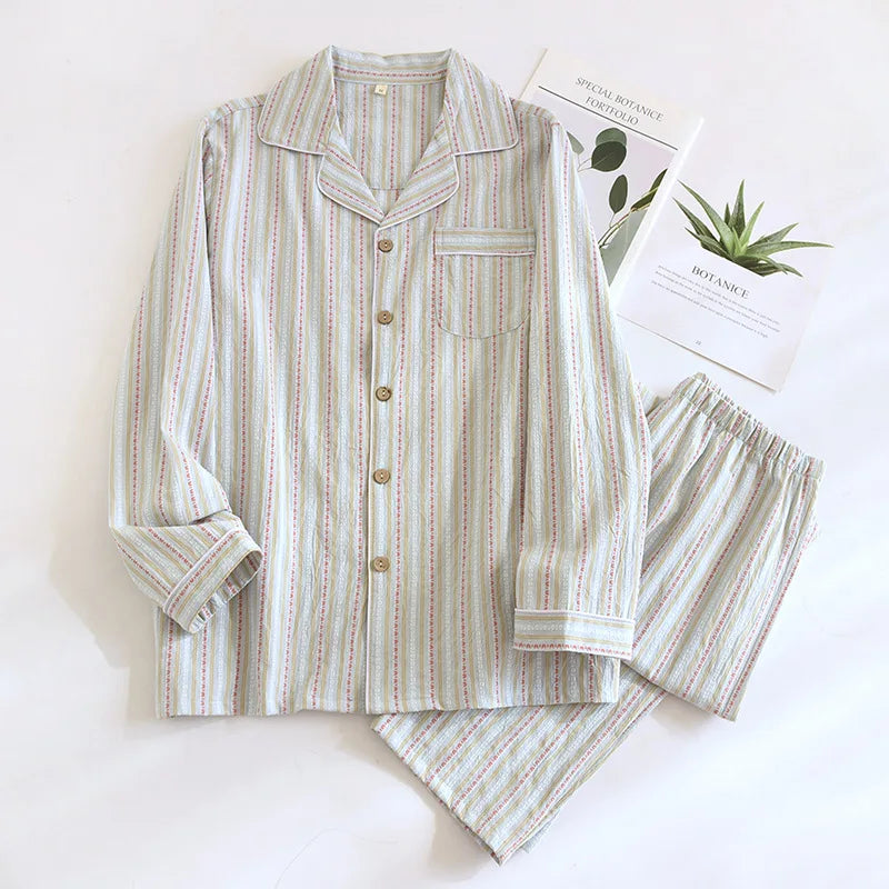 2025 New Spring/Summer Couple Set 100% Cotton Striped Long Sleeve Two Piece Set Men's and Women's Cardigan Home Clothes