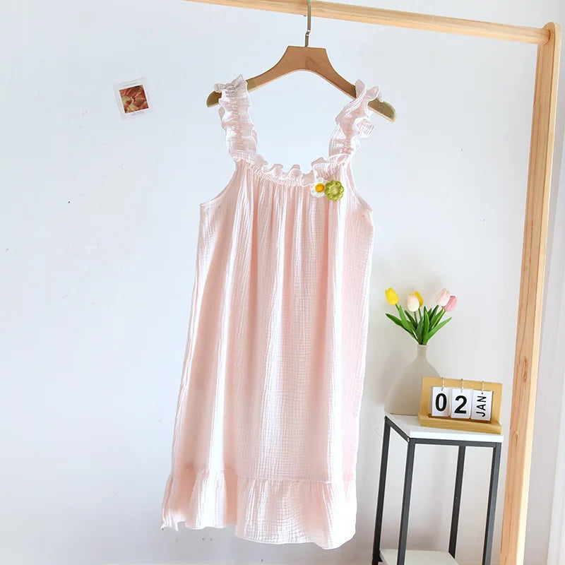 2025 summer new women's suspender nightdress 100% cotton crepe thin style solid color floral vest skirt home skirt sleepwear