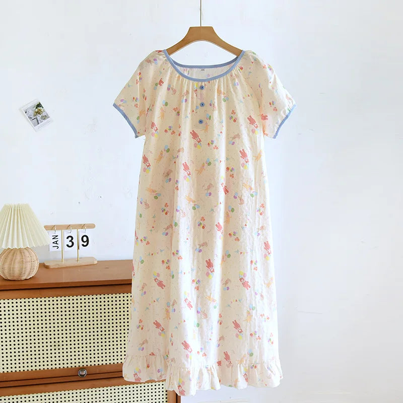 2025 Summer New Women's Pajama Skirt 100% Pure Cotton Double Layer Gauze Short Sleeve Pajama Skirt Thin Cute Pullover Home Dress