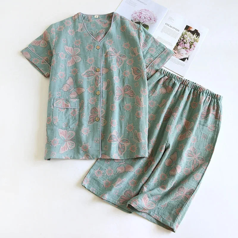 2025 Spring/Summer New Women's Pajama Set 100% Cotton Jacquard Short Sleeves+Capris Two Piece V-Neck Thin Homewear Ladies