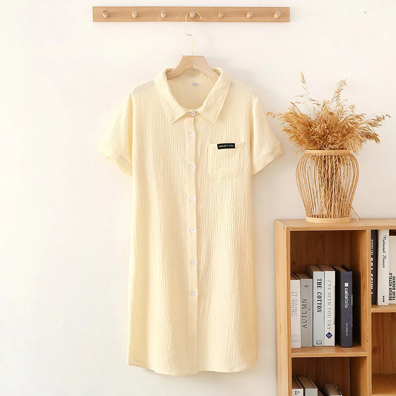 2025 New Summer Sleeping Dress 100% Cotton Crepe Short Sleeve Skirt Shirt Dress Women's Button Long Dress Home Casual Dress