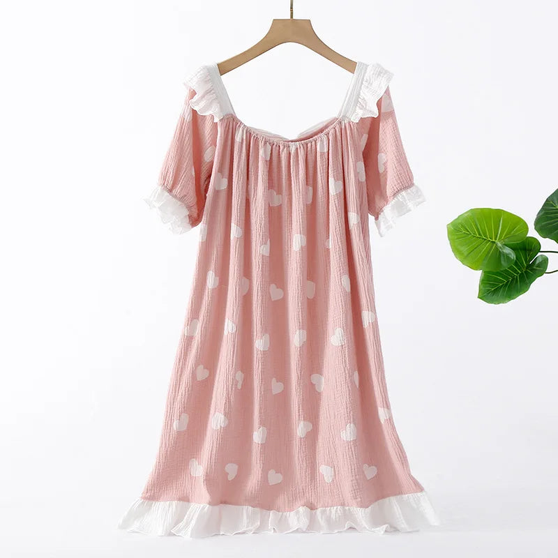 New Summer Long Dress Ladies Short Sleeve Nightdress 100% Cotton Crepe Loose Home Cute Bow Love Dress Home Skirt sleepwear women