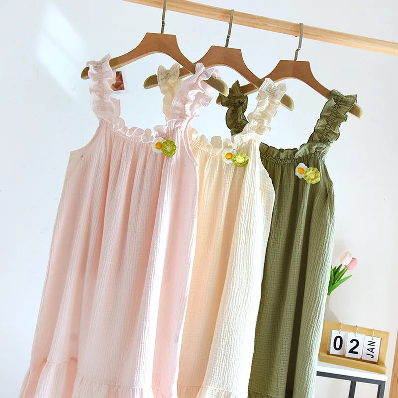 2025 summer new women's suspender nightdress 100% cotton crepe thin style solid color floral vest skirt home skirt sleepwear