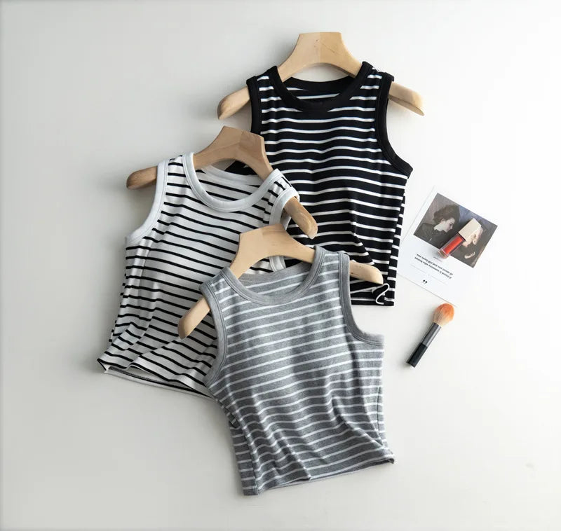 2025 Summer New Women's Tank Top Pajamas All Cotton with Chest Pads Tank Top with Stripe Sports Bottom Short Home Fur Ladies