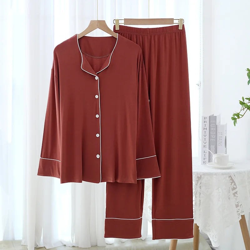 New Spring and Autumn Women's Pajamas Set Modal Pure Color Simple Thin Cardigan Long Sleeve Pants Two Piece Home Suit Sleepwear