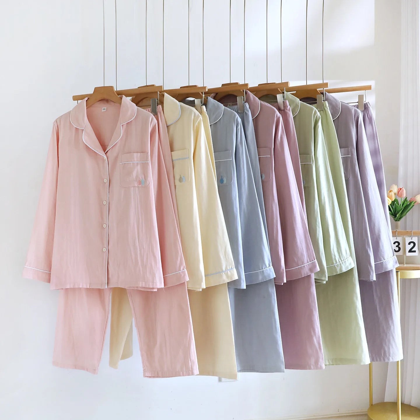2025 New Spring and Autumn Women's Pajama Set 100% Cotton Simple Long Sleeve Long Pants Two Piece Set Cardigan Home Clothes