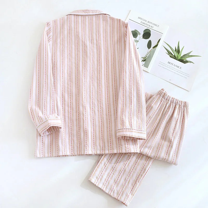 2025 New Spring/Summer Couple Set 100% Cotton Striped Long Sleeve Two Piece Set Men's and Women's Cardigan Home Clothes