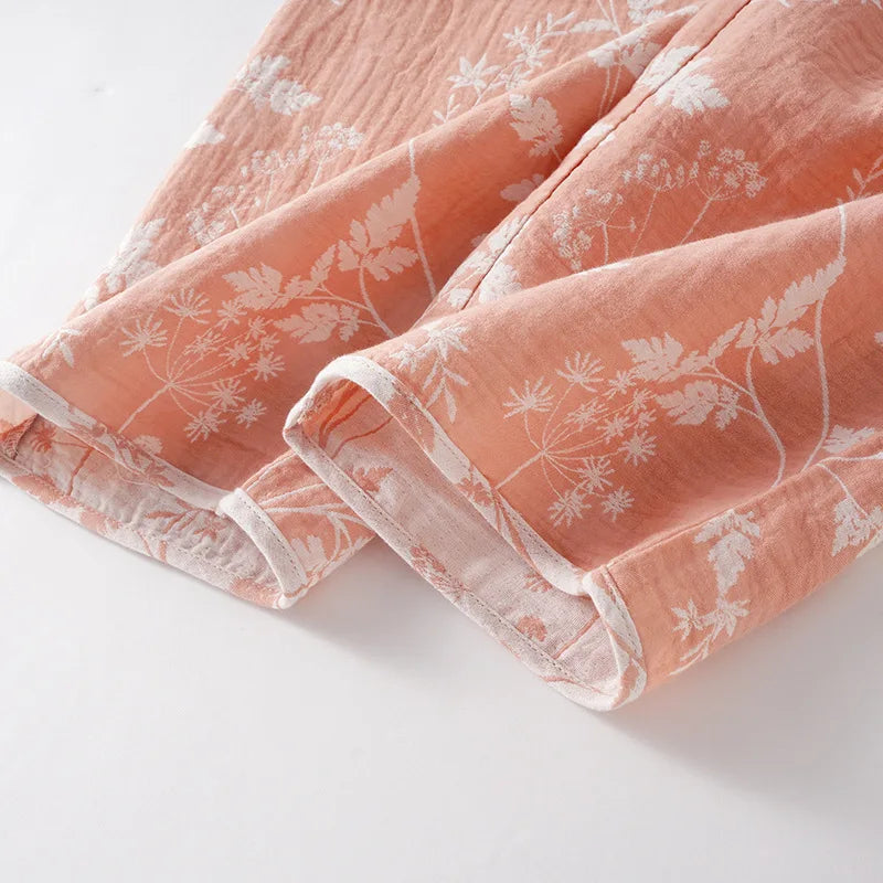 2025 New Spring and Autumn Women's Pajama Set 100% Cotton Gauze Jacquard Long Sleeve Long Pants Loose Home Clothes Two Piece Set