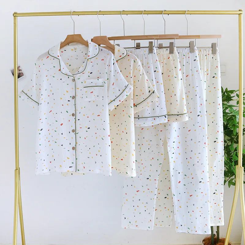 2025 Spring/Summer New Women's Pajamas Three Piece Set 100% Pure Cotton Crepe Thin Short Sleeves+Shorts+Long Pants Home Fury