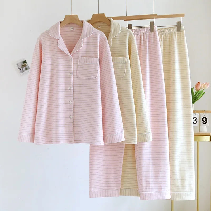 2025 Autumn/Winter New Women's Pajama Set Long Sleeve Long Pants Two Piece Set Striped German Velvet Warm Thick Home Clothes