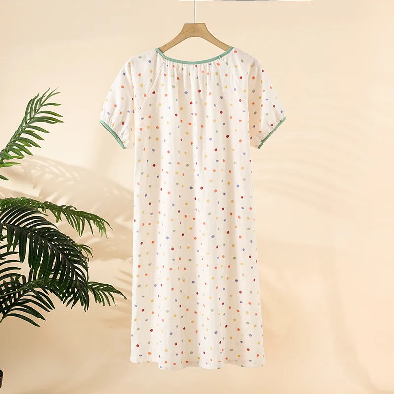 2025 New Summer Sleeping Skirt 100% Cotton Gauze Thin Style Wave Point Home Skirt Loose Round Neck Short Sleeve Sleeping Skirt