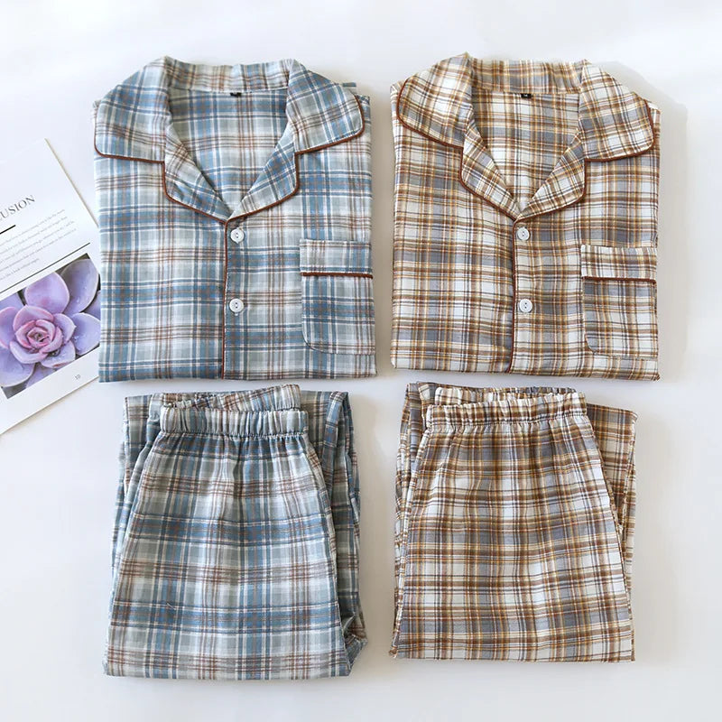 2025 Japanese New Men's Pajama Set Spring/Summer Checkered Simple Long sleeved Two Piece Set 100%Cotton Cardigan Home Furnishing