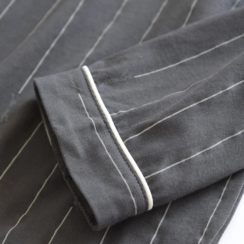 Spring and autumn new men's pajamas long-sleeved trousers suit 100% cotton knitted striped plus size home clothes two-piece set