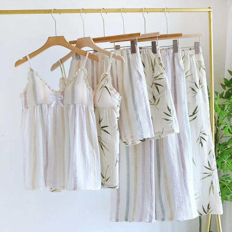 2025 Summer New Women's Pajama Set 100% Pure Cotton Crepe Sling+Shorts+Crop Pants Three piece Set with Chest Cushion Home Fury