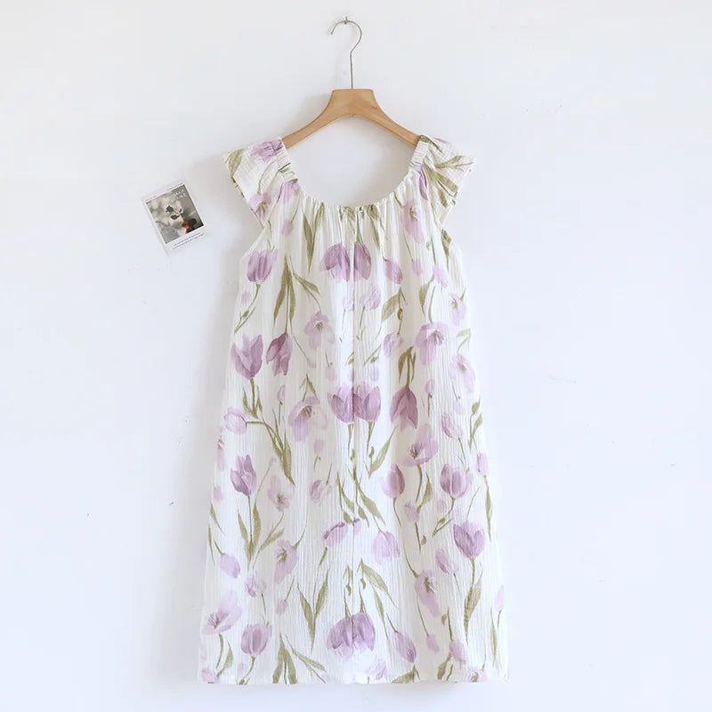 2025 New Summer Women's Sleeping Skirt 100% Cotton Crepe Cloth with Chest Cushion Tank Top Skirt Loose Thin Large Home Clothing