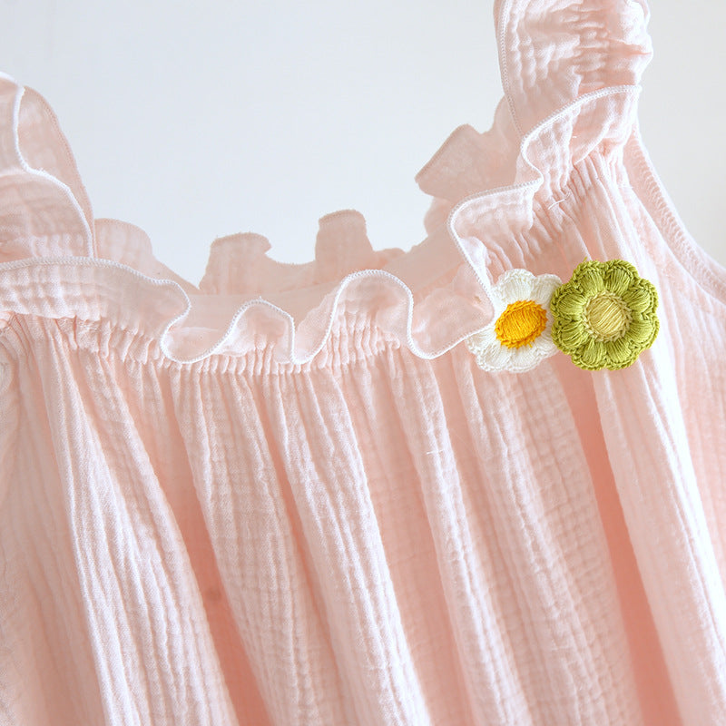 2025 summer new women's suspender nightdress 100% cotton crepe thin style solid color floral vest skirt home skirt sleepwear