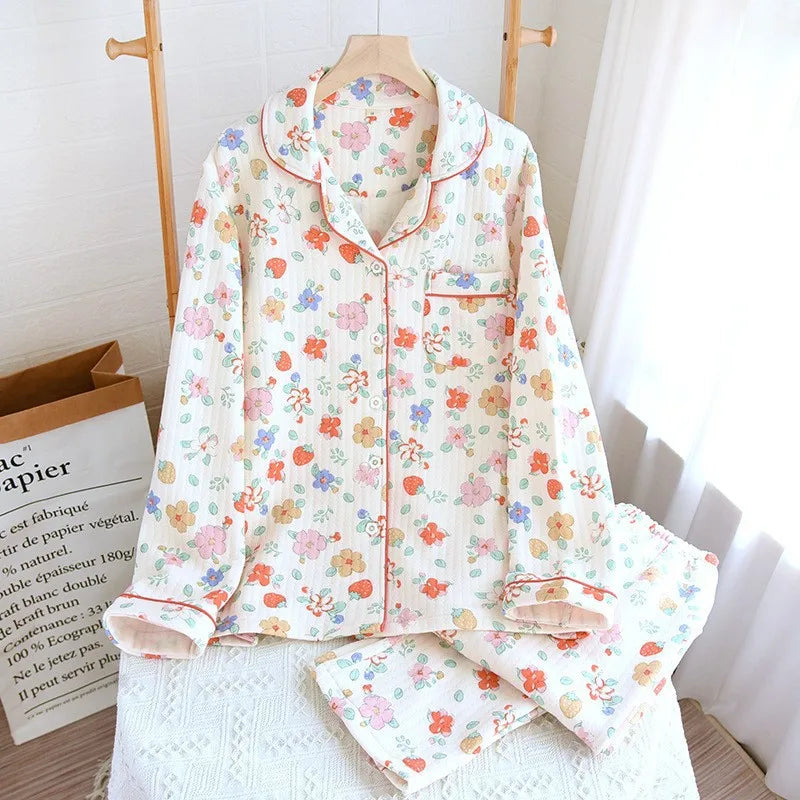 Japanese ladies pajamas set 2025 new autumn and winter air cotton layer thickening long-sleeved cute home clothes pure cotton