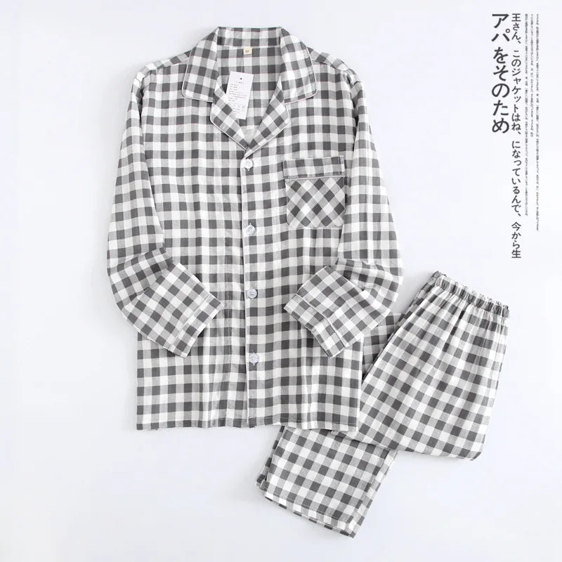 Japanese new couple pajamas, long-sleeved trousers, two-piece 100% cotton gauze simple plaid home service suit for men and women