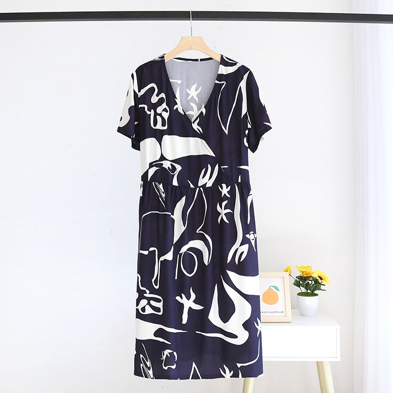 Summer New Ladies V-neck Nightdress 100% Viscose Short Sleeve Home Dress Floral Comfort Large Size Dress Thin Section women