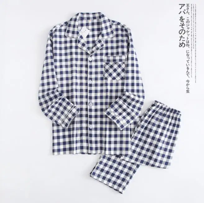 Japanese new couple pajamas, long-sleeved trousers, two-piece 100% cotton gauze simple plaid home service suit for men and women