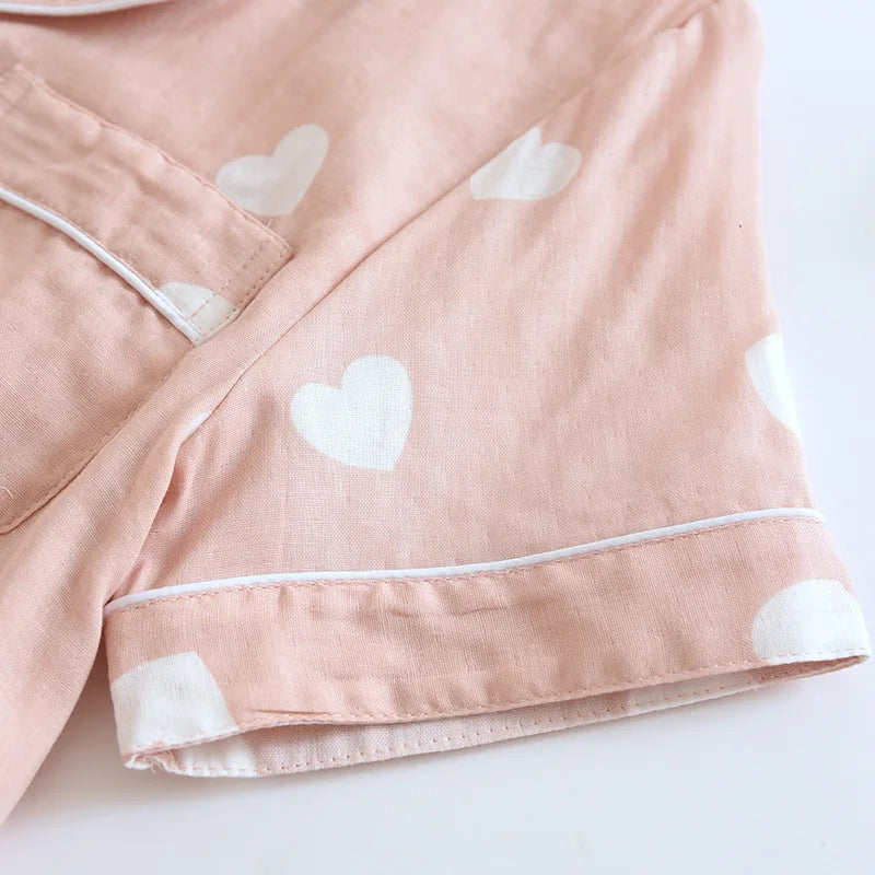 New spring and summer women's pajamas three-piece set short sleeves + shorts + trousers 100%cotton gauze love print homewear set