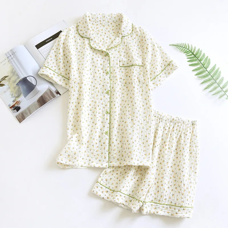 New summer women's cotton crepe three-piece short sleeve + shorts + trousers large size simple flower pajamas home service suit