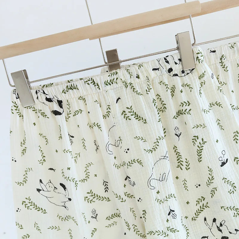 2025 Spring/Summer New Women's Pajamas Three Piece Set 100% Pure Cotton Crepe Thin Short Sleeves+Shorts+Long Pants Home Fury