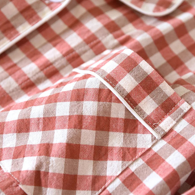 2025 New Japanese Spring and Autumn Couple Pajama Set 100% Cotton Men's and Women's Plaid Long Sleeve Two Piece Home Furnishing