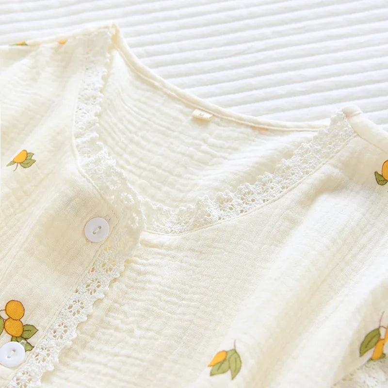 New summer ladies pajamas short-sleeved shorts two-piece set 100% cotton crepe suit female cute fresh home clothes plus size