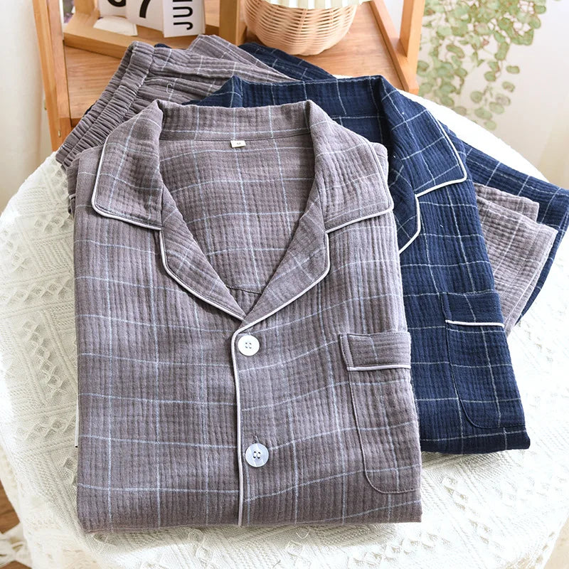 2025 Spring and Autumn New Men's Pajama Set 100%Cotton Crepe Plaid Long sleeved Pants Two Piece Set Cardigan Large Size Homewear