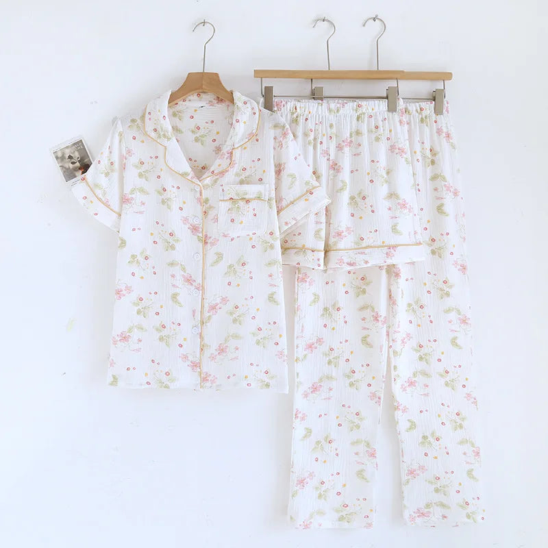 2025 New Spring/Summer Women's Pajama Set 100% Cotton Crepe Short Sleeve+Shorts+Pants 3-Piece Thin cardigan Home Clothes Ladies