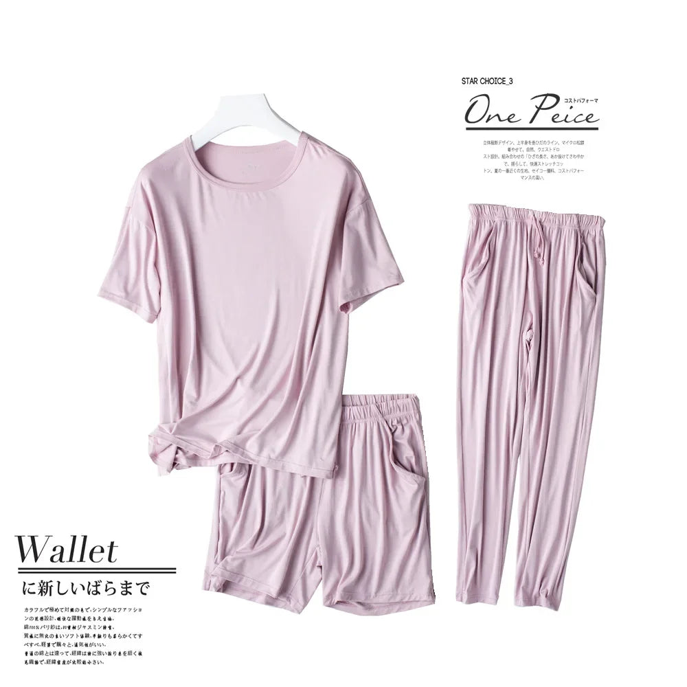 Spring and summer new ladies pajamas three-piece short-sleeved shorts trousers modal soft T-shirt pajamas women's loose home set
