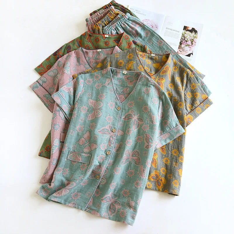 2025 Spring/Summer New Women's Pajama Set 100% Cotton Jacquard Short Sleeves+Capris Two Piece V-Neck Thin Homewear Ladies