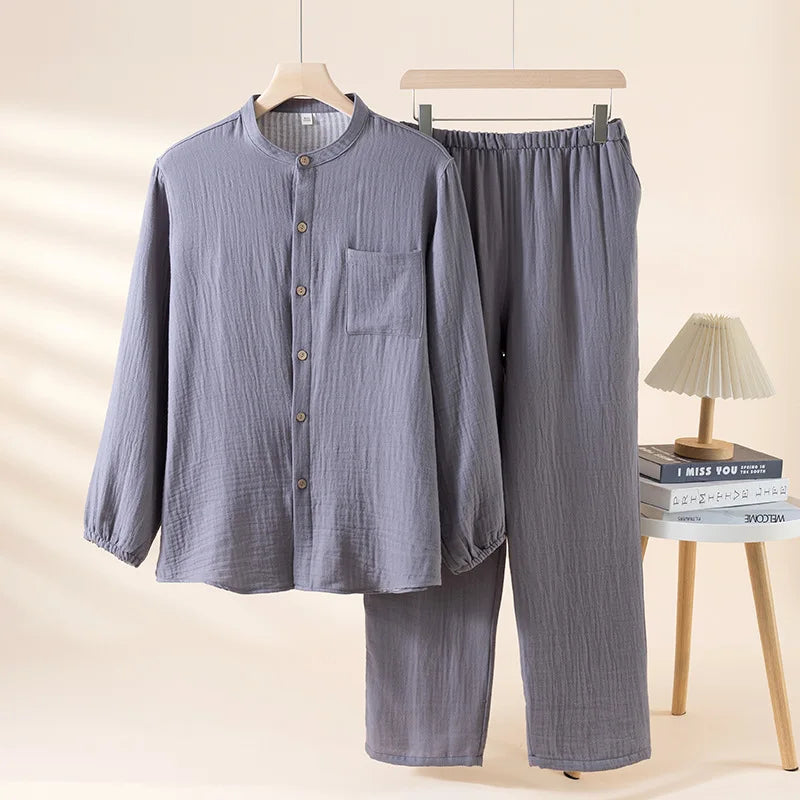 2025 New Spring and Autumn Couple's Pajama Set 100% Cotton Men's and Women's Long Sleeve Long Pants Solid Color Home Clothes