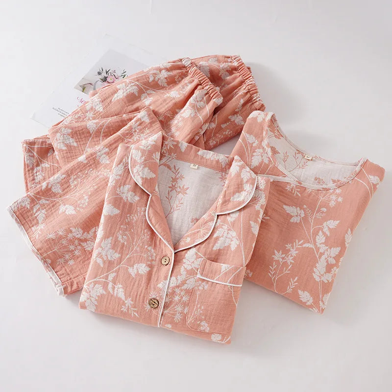2025 New Spring and Autumn Women's Pajama Set 100% Cotton Gauze Jacquard Long Sleeve Long Pants Loose Home Clothes Two Piece Set
