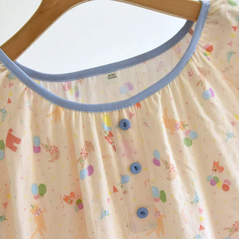 2025 Summer New Women's Pajama Skirt 100% Pure Cotton Double Layer Gauze Short Sleeve Pajama Skirt Thin Cute Pullover Home Dress