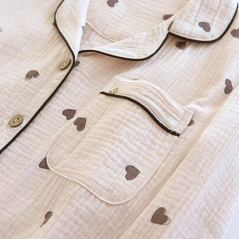 2025 New Spring/Summer Women's Pajama Set 100% Cotton Crepe Cute Love Long Sleeve Long Pants Two Piece Set Cardigan Home Clothes