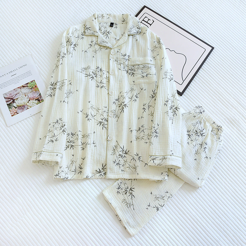 2025 New Spring and Autumn Couple Pajama Set 100% Cotton Crepe Fresh Long sleeved Pants for Men and Women Large Homewear Set