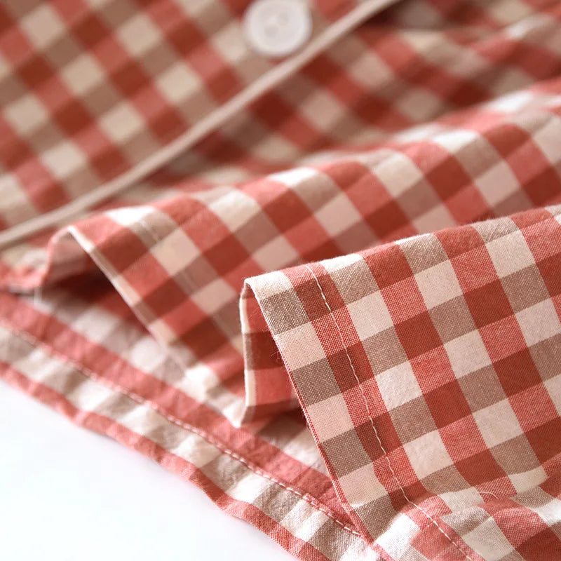 2025 New Japanese Spring and Autumn Couple Pajama Set 100% Cotton Men's and Women's Plaid Long Sleeve Two Piece Home Furnishing