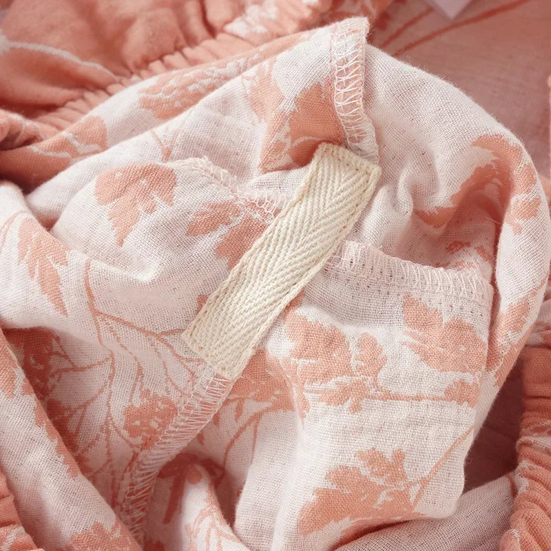 2025 New Spring and Autumn Women's Pajama Set 100% Cotton Gauze Jacquard Long Sleeve Long Pants Loose Home Clothes Two Piece Set
