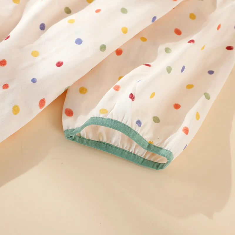 2025 New Summer Sleeping Skirt 100% Cotton Gauze Thin Style Wave Point Home Skirt Loose Round Neck Short Sleeve Sleeping Skirt