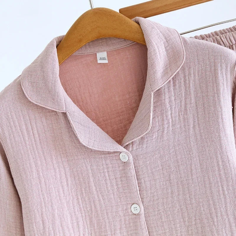 2025 New Couple's Pajama Set 100% Cotton Men's and Women's Collar Long Sleeve Long Pants Solid Color Two Piece Home Set Pijamas