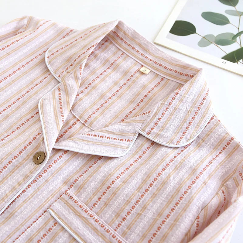 2025 New Spring/Summer Couple Set 100% Cotton Striped Long Sleeve Two Piece Set Men's and Women's Cardigan Home Clothes