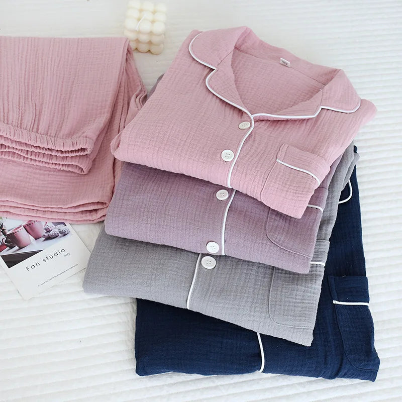 New Spring and Autumn Couple Pajamas Set 100%Cotton Crepe Long Sleeve Pants Two Piece Men's and Women's Large Size Home Garments