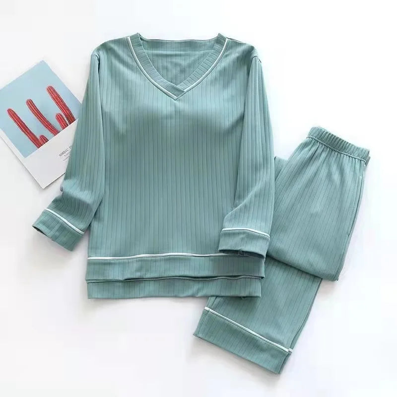 New Spring and Autumn Women's Pajamas Set V-Neck Cotton Thread Knitted Long Sleeve Pants Solid casual two-piece home clothes