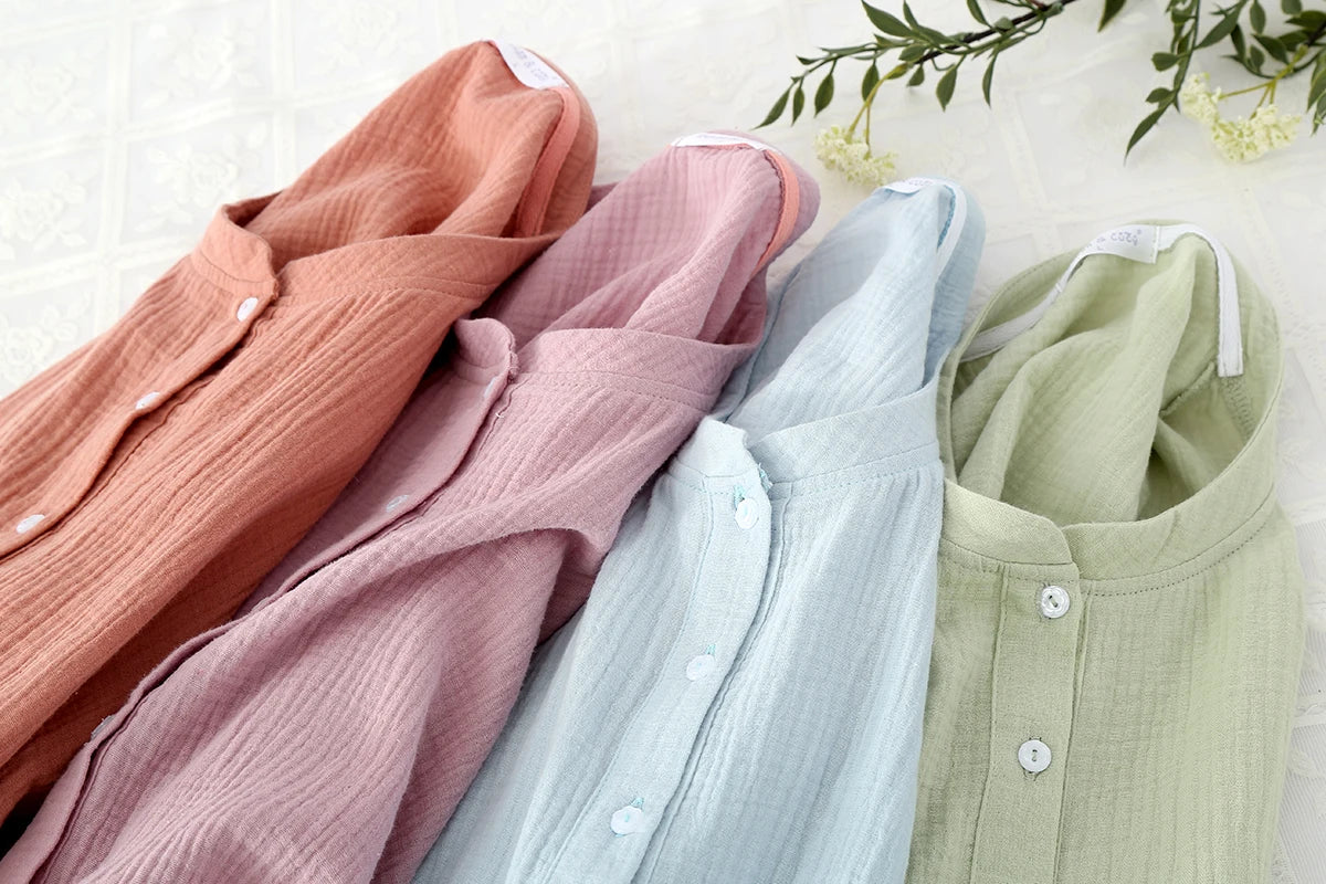Spring and Autumn Women's Long Sleeve Nightdress 100%Cotton Crepe Round Neck Button Solid Color Dress Home Dress Nightgown Dress