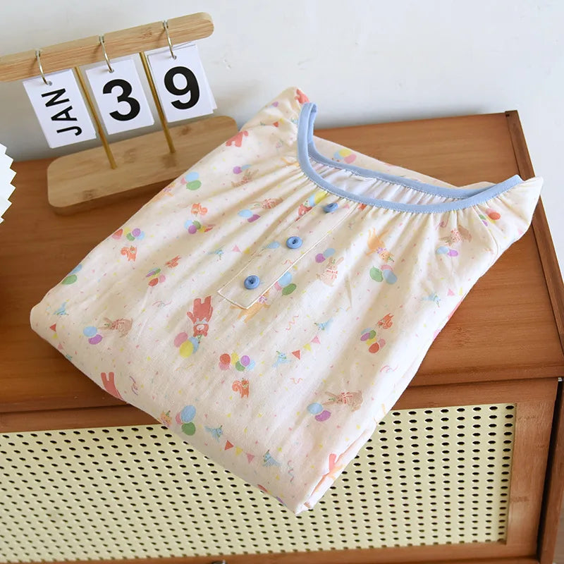 2025 Summer New Women's Pajama Skirt 100% Pure Cotton Double Layer Gauze Short Sleeve Pajama Skirt Thin Cute Pullover Home Dress
