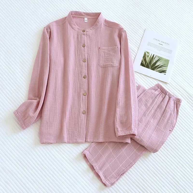 2025 Japanese style new couple sleepwear set 100% cotton crepe fabric long sleeved long pants two-piece home wear pajama