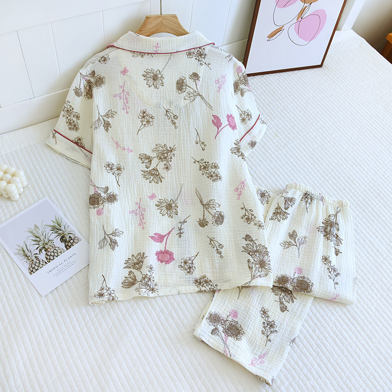 2025 New Spring/Summer Women's Pajama Set 100% Cotton Crepe Short Sleeve+Pants Two Piece Set for Women's Cute Home Furnishings