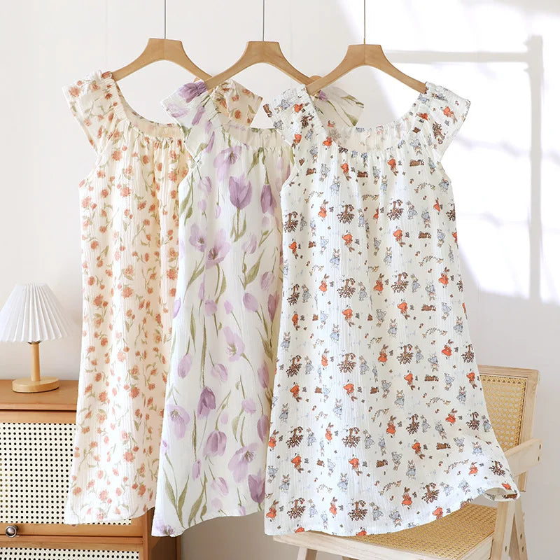 2025 New Summer Women's Sleeping Skirt 100% Cotton Crepe Cloth with Chest Cushion Tank Top Skirt Loose Thin Large Home Clothing